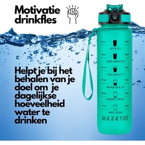 Max4You Drinkfles - Waterfles - Motivatie waterfles - Waterfles met rietje - Waterfles 1 liter - Waterfles met tijdmarkeringen - Groen