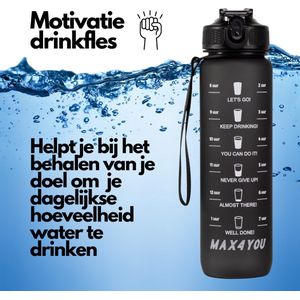 Max4You Drinkfles - Waterfles - Motivatie waterfles - Waterfles met rietje - Waterfles 1 liter - Waterfles met tijdmarkeringen - Zwart