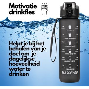 Max4You Drinkfles - Waterfles - Motivatie waterfles - Waterfles 1 liter - Waterfles met tijdmarkeringen - Zwart