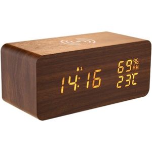 Houten Digitale Wekker - Wekkerradio - Draadloos Oplader iPhone - Reiswekker - Wekkers Digitaal - Weerstation Binnen