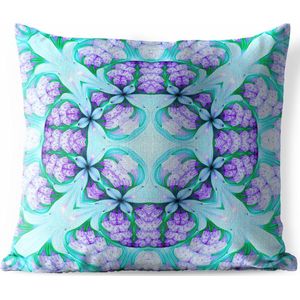 Sierkussen Mandala voor buiten - Een kleurrijk naadloos mozaïekpatroon op blauwe en violette kleur - 50x50 cm - vierkant weerbestendig tuinkussen / tuinmeubelkussen van polyester