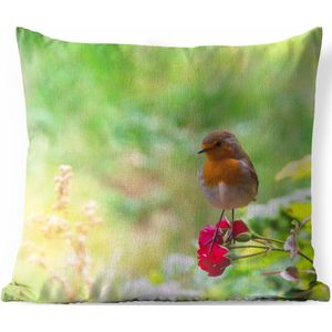 Buitenkussens - Tuin - Roodborst op een roze bloem - 50x50 cm