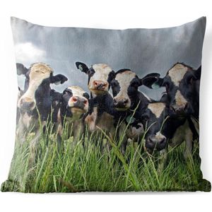 Sierkussen Friese koe voor buiten - Grijze lucht boven de kudde Friese koeien - 40x40 cm - vierkant weerbestendig tuinkussen / tuinmeubelkussen van polyester