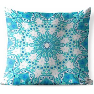 Sierkussen Mandala voor buiten - Kleurrijk naadloos mozaïekpatroon op lichtblauwe en groene kleur - 50x50 cm - vierkant weerbestendig tuinkussen / tuinmeubelkussen van polyester