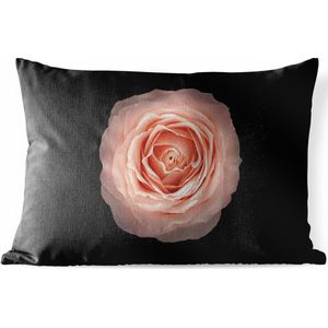 Sierkussen Roze roos voor buiten - Ronde vorm Roze roze bloem op zwarte achtergrond, bovenaanzicht Close-up - 50x30 cm - rechthoekig weerbestendig tuinkussen / tuinmeubelkussen van polyester