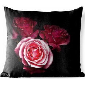 Sierkussen Roze roos voor buiten - Een foto van roze rozen met een zwarte achtergrond - 60x60 cm - vierkant weerbestendig tuinkussen / tuinmeubelkussen van polyester