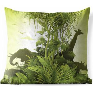 Sierkussen Afrika illustratie voor buiten - Groene illustratie van Afrika met wilde dieren - 60x60 cm - vierkant weerbestendig tuinkussen / tuinmeubelkussen van polyester