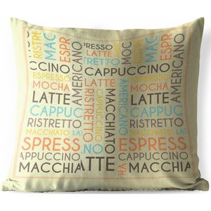 Buitenkussens - Tuin - Koffie quote espresso, latte, cappuccino met een lichte achtergrond - 60x60 cm