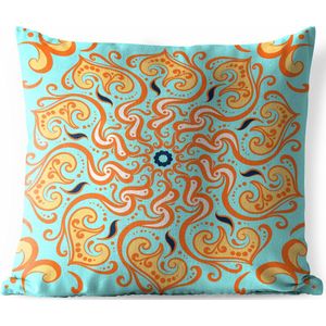 Buitenkussens - Tuin - Vierkant patroon met een oranje mandala op een lichtblauwe achtergrond - 40x40 cm