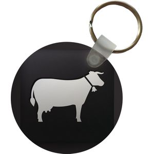 Sleutelhanger - Een illustratie van een koe op een zwarte achtergrond - Plastic - Rond - Uitdeelcadeautjes