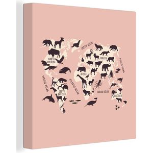 Canvas Wereldkaart - 20x20 - Wanddecoratie Wereldkaart Kinderen - Roze - Dieren