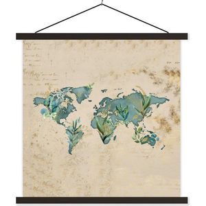 Posterhanger incl. Poster 90x90 cm - Schoolplaat - Wereldkaart - Vintage - Planten - Textielposter - Zwarte latten