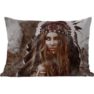 Buitenkussens - Tuin - Vrouw - Indianentooi - Veren - Strepen - 50x30 cm
