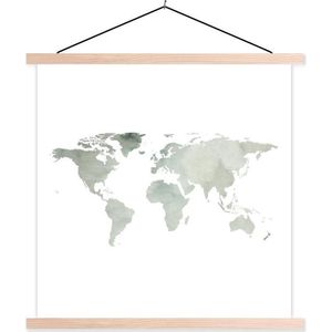 Posterhanger incl. Poster 60x60 cm - Schoolplaat - Wereldkaart - Grijs - Simpel - Textielposter - Blanke latten