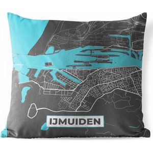 Sierkussen Buiten - Plattegrond - IJmuiden - Grijs - Blauw - 60x60 cm - Weerbestendig - Stadskaart