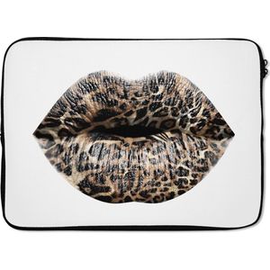 Laptophoes 14 inch - Lippen - Tijgerprint - Wit - Laptop sleeve - Binnenmaat 34x23,5 cm - Zwarte achterkant