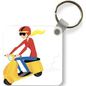 Sleutelhanger - Illustratie van een meisje op een gele Vespa - Plastic - Rond - Uitdeelcadeautjes
