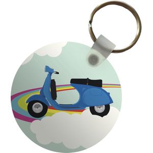 Sleutelhanger - Illustratie van een blauwe Vespa op een regenboog - Plastic - Rond - Uitdeelcadeautjes