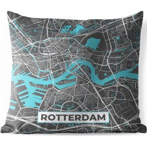 Buitenkussen - Plattegrond - Rotterdam - Grijs - Blauw - 45x45 cm - Weerbestendig - Stadskaart