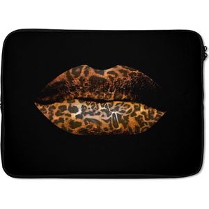 Laptophoes 14 inch - Lippen - Tijgerprint - Zwart - Laptop sleeve - Binnenmaat 34x23,5 cm - Zwarte achterkant