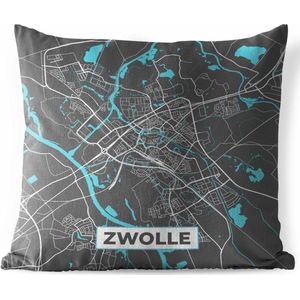 Sierkussen Buiten - Plattegrond - Zwolle - Grijs - Blauw - 60x60 cm - Weerbestendig - Stadskaart