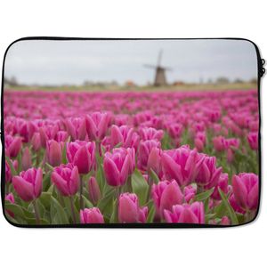Laptophoes 13 inch 34x24 cm - Tuinen - Macbook & Laptop sleeve Roze tulpen en windmolen - Laptop hoes met foto
