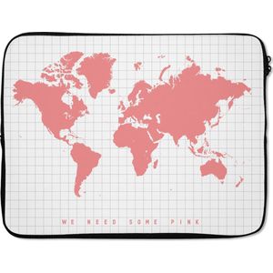 Laptophoes 17 inch - Wereldkaart - Vakken - Roze - Laptop sleeve - Binnenmaat 42,5x30 cm - Zwarte achterkant