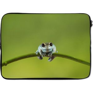 Laptophoes 14 inch - Kikker - Tak - Groen - Laptop sleeve - Binnenmaat 34x23,5 cm - Zwarte achterkant