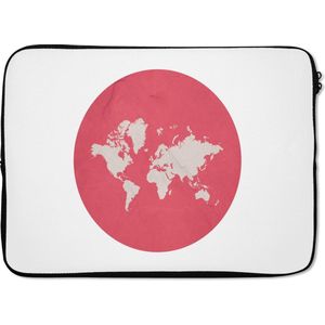 Laptophoes 13 inch 34x24 cm - Trendy wereldkaarten - Macbook & Laptop sleeve Ronde en roze wereldkaart op een witte achtergrond - Laptop hoes met foto