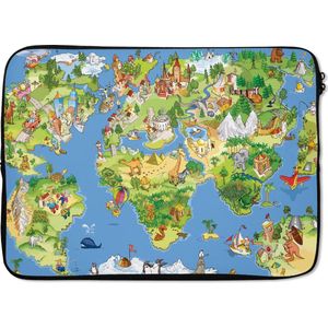 Laptophoes 13 inch 34x24 cm - Eigen Wereldkaarten - Macbook & Laptop sleeve Kinder wereldkaart dieren en gebouwen - Laptop hoes met foto