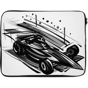 Laptophoes 15.6 inch - Een zwart-witte illustratie van een wagen uit de Formule 1 - Laptop sleeve - Binnenmaat 39,5x29,5 cm - Zwarte achterkant