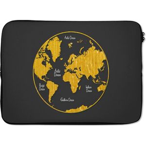 Laptophoes 13 inch 34x24 cm - Trendy wereldkaarten - Macbook & Laptop sleeve Ronde en gouden wereldkaart op een grijze achtergrond - Laptop hoes met foto