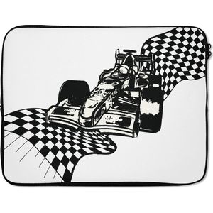 Laptophoes 13 inch - Een racewagen uit de Formule 1 met een finishvlag in een illustratie - Laptop sleeve - Binnenmaat 32x22,5 cm - Zwarte achterkant