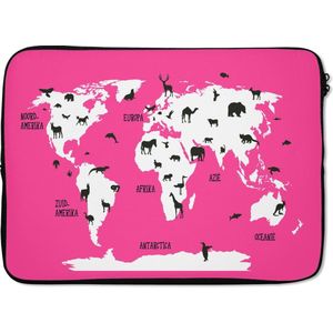 Laptophoes 14 inch 36x26 cm - Trendy wereldkaarten - Macbook & Laptop sleeve Roze met witte wereldkaart met bijbehorende dieren - Laptop hoes met foto
