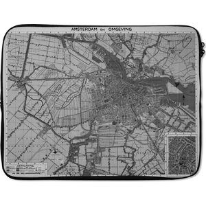 Laptophoes 17 inch - Plattegrond - Noord-Holland - Zwart Wit - Laptop sleeve - Binnenmaat 42,5x30 cm - Zwarte achterkant - Stadskaart