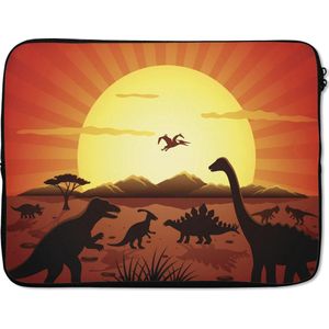 Laptophoes 15.6 inch - Dino - Zon - Natuur - Tekening - Kinderen - Jongens - Laptop sleeve - Binnenmaat 39,5x29,5 cm - Zwarte achterkant