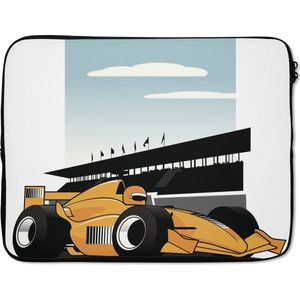 Laptophoes 17 inch - Een gele racewagen uit de Formule 1 in een illustratie - Laptop sleeve - Binnenmaat 42,5x30 cm - Zwarte achterkant