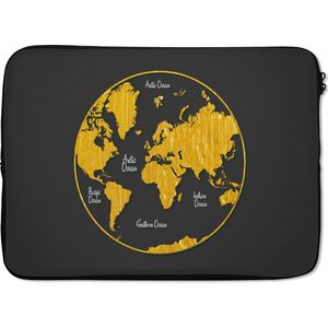 Laptophoes 14 inch 36x26 cm - Trendy wereldkaarten - Macbook & Laptop sleeve Ronde en gouden wereldkaart op een grijze achtergrond - Laptop hoes met foto