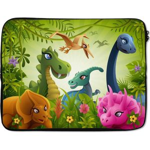 Laptophoes 15.6 inch - Dinosaurus - Dieren - Jungle - Illustratie - Baby- Jongens - Meisjes - Kids - Laptop sleeve - Binnenmaat 39,5x29,5 cm - Zwarte achterkant