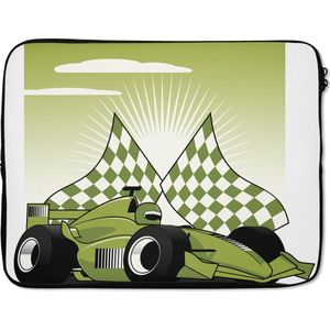 Laptophoes 17 inch - Een groene racewagen van de Formule 1 in een illustratie - Laptop sleeve - Binnenmaat 42,5x30 cm - Zwarte achterkant