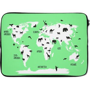 Laptophoes 13 inch 34x24 cm - Trendy wereldkaarten - Macbook & Laptop sleeve Wereldkaart met mint groene achtergrond en dieren - Laptop hoes met foto