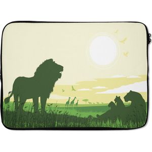 Laptophoes 14 inch - Een groene illustratie van een Afrikaanse safari met verschillende wilde dieren - Laptop sleeve - Binnenmaat 34x23,5 cm - Zwarte achterkant