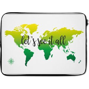 Laptophoes 13 inch 34x24 cm - Trendy wereldkaarten - Macbook & Laptop sleeve Wereldkaart met groentinten en de tekst - Laptop hoes met foto