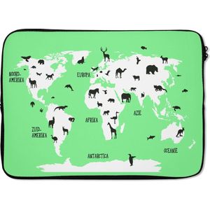 Laptophoes 14 inch 36x26 cm - Trendy wereldkaarten - Macbook & Laptop sleeve Wereldkaart met mint groene achtergrond en dieren - Laptop hoes met foto