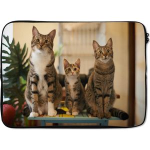Laptophoes 13 inch - Drie katten op kleine tafel - Laptop sleeve - Binnenmaat 32x22,5 cm - Zwarte achterkant