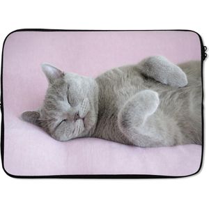 Laptophoes 13 inch 34x24 cm - Slapende katten - Macbook & Laptop sleeve Grijze kat slaapt op een roze kleed - Laptop hoes met foto