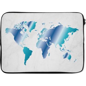 Laptophoes 14 inch 36x26 cm - Trendy wereldkaarten - Macbook & Laptop sleeve Wereldkaart met blauwe overloop en marmer - Laptop hoes met foto