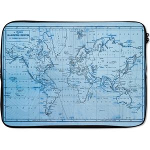 Laptophoes 14 inch 36x26 cm - Trendy wereldkaarten - Macbook & Laptop sleeve Blauwe wereldkaart met magnetic curves - Laptop hoes met foto