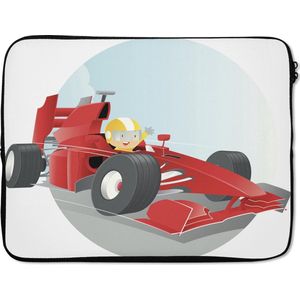 Laptophoes 17 inch - Een illustratie van een jongetje die in een Formule 1 wagen rijdt - Laptop sleeve - Binnenmaat 42,5x30 cm - Zwarte achterkant