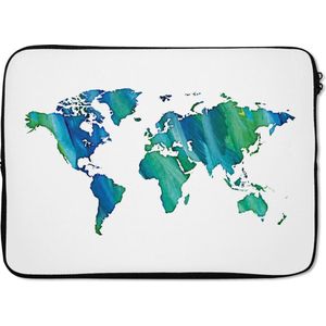 Laptophoes 13 inch 34x24 cm - Waterverf wereldkaart - Macbook & Laptop sleeve Waterverf wereldkaart blauw-groene strepen op witte achtergrond - Laptop hoes met foto